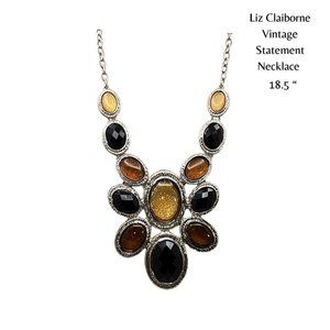 Liz Claiborne Vintage Silver Statement Necklace Black Shimmery Gold & Topaz 18.5